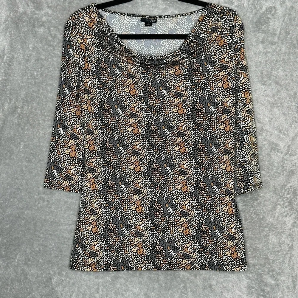 East 5th L Large Shirt Top Gray‎ Brown Abstract 3/4 Sleeve Cowl Neck Stretch